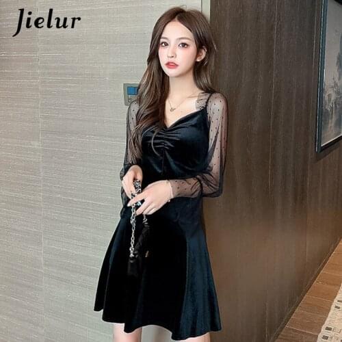 Jielur Korean New Mesh Patchwork Black Dresses High-Waisted Fashion Velvet Long-Sleeved Elegant Womens Autumn V-neck Sexy Dress