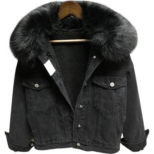 Black Big Fur Collar Lamb wool Liner Denim Jacket Women Winter Thick Warm Short Jeans Jacket Coat Female Big size Loose Outwear