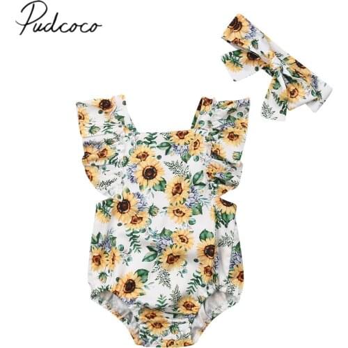 2020 Baby Summer Clothing 0-24M Infant Baby Girls Sunflower Bodysuits Cotton Ruffles Sleeve Yellow Jumpsuit Headband Outfits