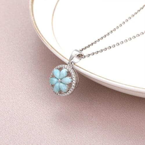 New Trend Classic Charm 925 Sterling Silver Jewelry Gifts Retro Flower Natural Precious Larimar Pendant Necklace for Woman