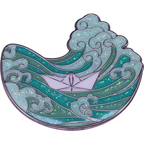 Origami boat drifting on glitter wave art enamel pin brooch