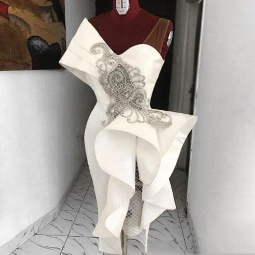 Real Image Straight Tea Length Prom Dresses White Ruffles Crystal Formal Party Dress One Shoulder Special Designed Abendkleider