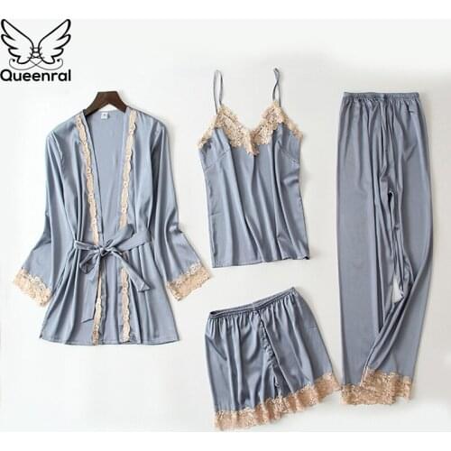 Queenral 4PCS Sexy Silk Pajamas Set For Women Satin Sexy Sleepwear Set Women Pajamas Set Mujer Invierno Home Clothes For Women