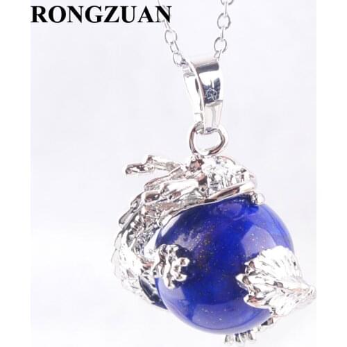 RONGZUAN Natural Stone Lapis Lazuli Round Ball 16mm Bead Animal Dragon Charm Pendant Silvers Chain Necklace 18"Jewelry TN3133