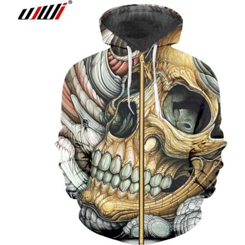 UJWI Skull Zipper Hoodies Men/Women Sweatshirts Hoody Fashion Cool Skull Hooded Men Autumn Winter Hoodie Zipper Polluvers