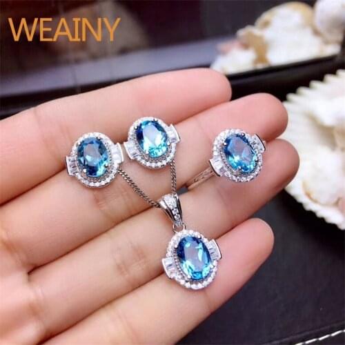 WEAINY Elegant 925 Solid Sterling Silver Pendants Necklace Rings Earrings Blue Topaz Wedding Jewelry Sets For Women With Chain