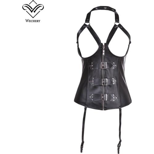Wechery Faux Leather Black Corset Steampunk Gothic Bodice Corsets and Bustiers Hollow Push Up Sexy Clothing Zipper Corsage