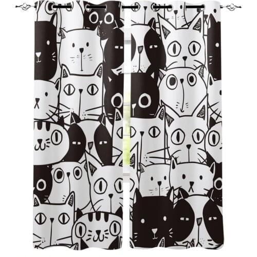 Animal Cute Black And White Cat Pet Art Blackout Curtains For Boys Girls Bedroom Kids Curtains For Living Room Decoration