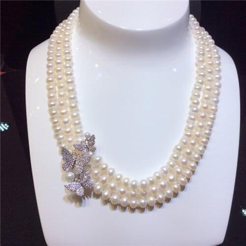Hand knotted natural 3rows 7-8mm multilayer white freshwater pearl butterfly zircon micro inlay accessories necklace
