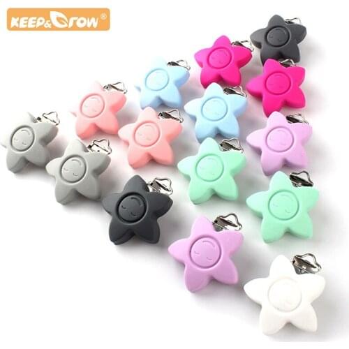 Keep&Grow 10pcs Star Pacifier Clip Silicone teether metal Accessories rodent DIY Baby Teething Necklace Pendant Clamp