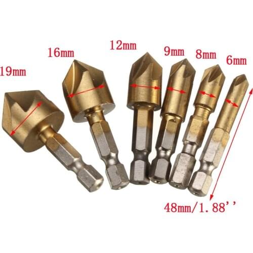 6PCS/Set 5 Flute Chamfer Countersink 1/4" Hex Shank HSS 90 Degree Wood Chamfering Cutter Chamfer 6mm-19mm Countersink Drill Bit