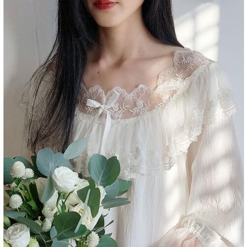 Women Lolita Dress Princess Sleepshirts Vintage Lady Palace Style Flower Embroidery Lace Nightgowns.Nightdress Sleep Loungewear