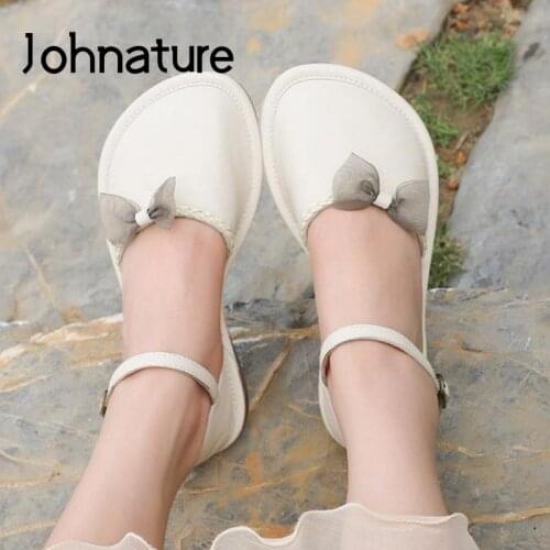 Johnature Genuine Leather Flats Women Shoes Buckle Strap Concise Butterfly-knot 2021 New Handmade Leisure All-Match Ladies Shoes