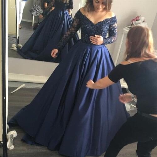 Prom Dresses with V Neckline Navy Blue Satin Prom Dress with Beadings Puffy Formal Evening Gowns