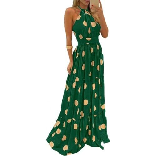 80%HOTBohemian Women Dress Large Hem Backless Polka Dot Print Halter Maxi Dress Streetwear for Summer