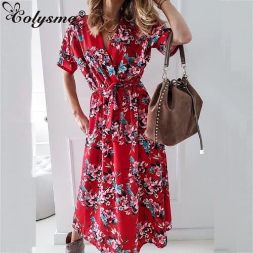 Colysmo Print Floral Dress with Belt Short Sleeve V Neck A Line High Waist Maxi Long Dress Fashion Summer Dress for Women 2021