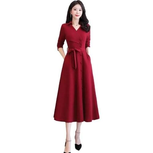 Long Sleeve Summer Dress Women Spring Autumn Women Clothing V-Neck Midi Dresses For Women 2021 Red A-Line Dress Female Belt 215