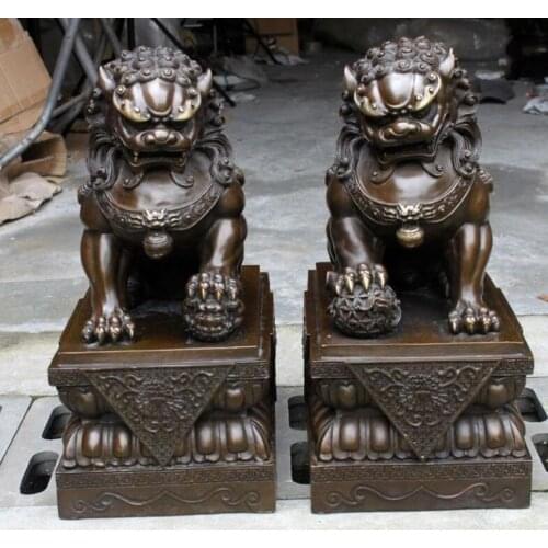 18" Copper Art Deco Sculpture Two Lions Guardian Beast Foo Dog Statue