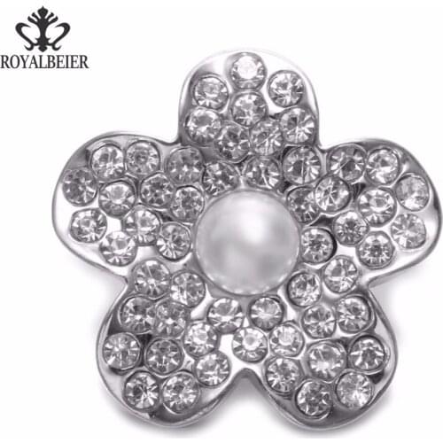 2017 Transparent Rhinestone White Pearl Metal Flower Charms 18mm Snap Button Jewelry For 20mm Snaps Bracelet Snap Jewelry KZ0766