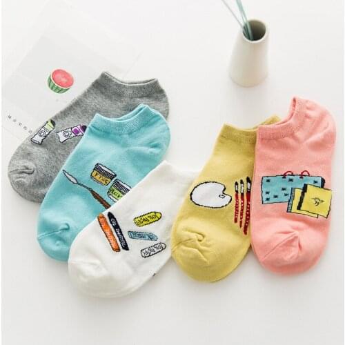 5Pairs/Set Women Socks Print Striped Invisible Footsies Trainer Girl Boat Socks Harajuku Kawaii Socks Women Slippers Size 35-42