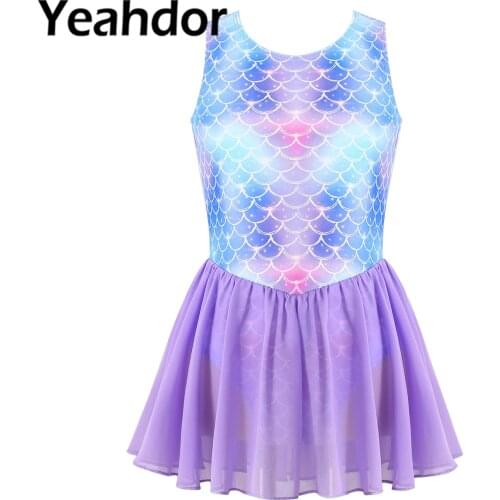 Kids Girls Summer Beach Swimming Bathing Swimwear Round Neck Sleeveless Print Jumpsuit Bodysuit Rashguard with Mesh Skirt Hem