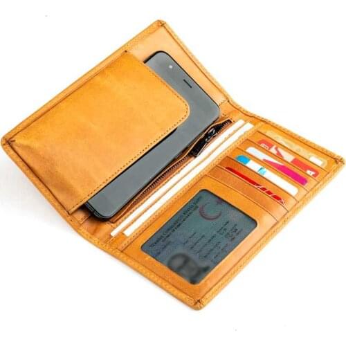 Vintage Crazy Leather Long Wallet with Cellphone Holder Mustard Yellow Colour
