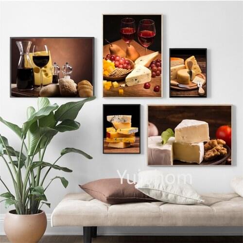 Home Decorations Food Cheese and Glass Wine Wall Art Print Canvas Painting for Living Room Kitchen Wall Decor Restaurant Artwork