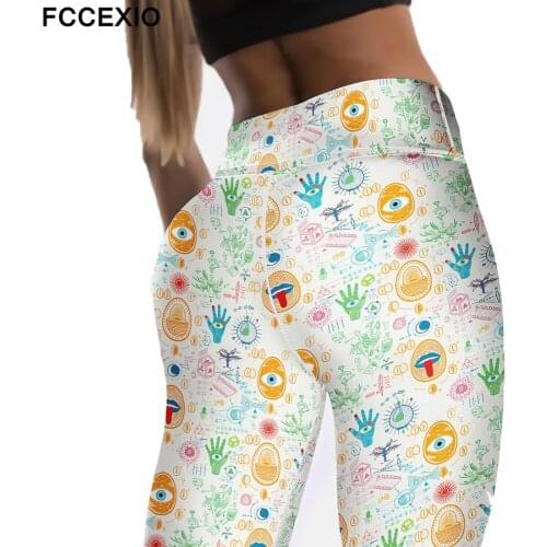 FCCEXIO High Stretchy Sport Pants High Waist Cartoon Demon Lips Eyes Print Leggins Push Up Women Fitness Leggings брюки женские