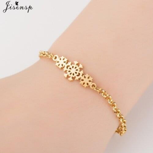 Jisensp Delicate Snowflake Stainless Steel Christmas Bracelet Fashion Jewelry for Women Lovely Snow Flowers Chain Link Bracelet