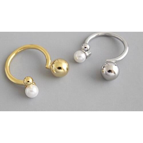1pc Authentic S925 Sterling Silver FINE Jewelry white/ gold smaller &Bigger Polished Ball &shell pearl open ring adjust TLJ737