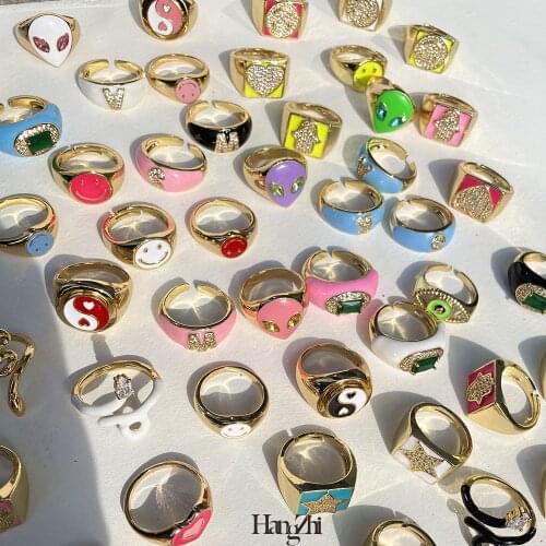 HangZhi 2021 New Summer Colorful Rhinestones Letter Smile Alien Tai Chi Geometric Square Glazed Ring for Women Delicate Jewelry