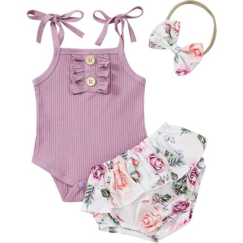 Summer Baby Girls Clothes Set Strap Romper + Ruffle Shorts + Headband 3Pcs Outfits Suits Newborn Baby Clothing Set