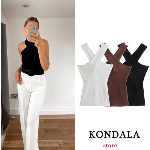 KONDALA 2021 New Fashion Women Summer Solid Vest Sleeveless Shirt Muje Knitted Tops Casual Blouses Y2K Crop Cami Top