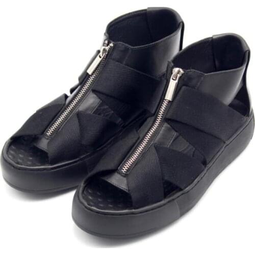 Mens summer cool sandals boots black genuine cow leather fish mouth toe zipper Roman sandal shoes short ankle boots for men