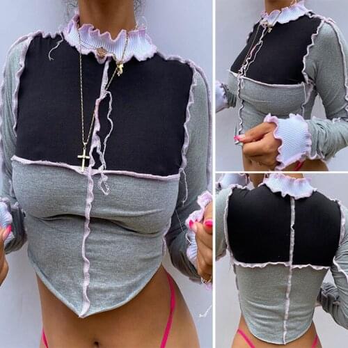 Long Sleeve Autumn Women Turtleneck T Shirt Color Blocking Casual Irregular Top Skinny Slim Crop Tops Gray