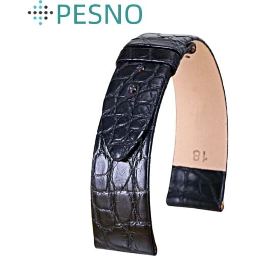 Pesno Round Grain Alligator Leather Watch Band Black Thin Genuine Leather WatchStrap Suitable for Longines L4 Presence La Grande