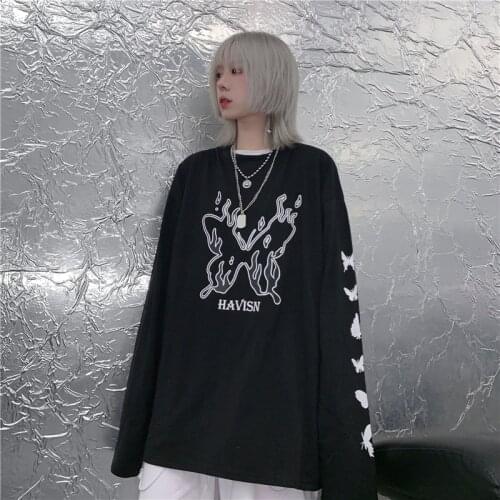 Spring and autumn Korean Harajuku style retro printing loose bf style bottoming shirt thin black top trend