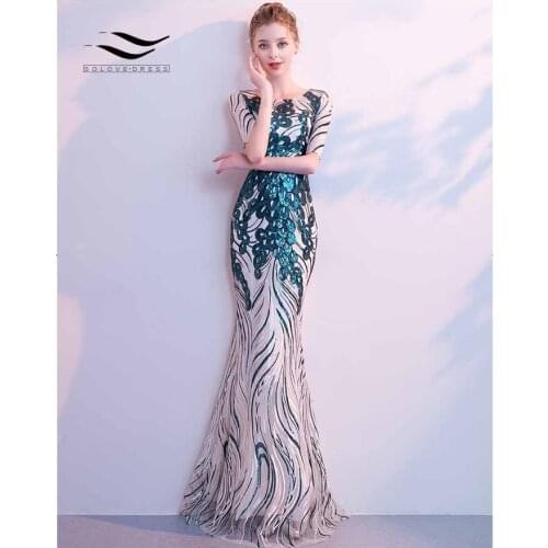 SOLOVEDRESS Teal Tulle Sequin Mermaid Dress with Halfty 1/2 Short Sleeves Bodycon Evening Dress Lining Women Elegant Dress E79
