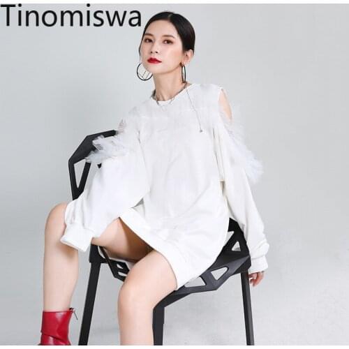 Tinomiswa Hollow Out Long Sleeve Off Shoulder Tops Gauze Patchwork O Neck Casual Loose Pullover Hoodies Korean Style Sweatshirt