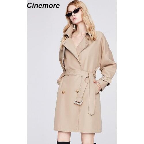 CINEMORE 2021 NEW Women trench coat Fashion Womens Long Outerwear Double Breasted Loose long Trench with Belt raincoats 92238
