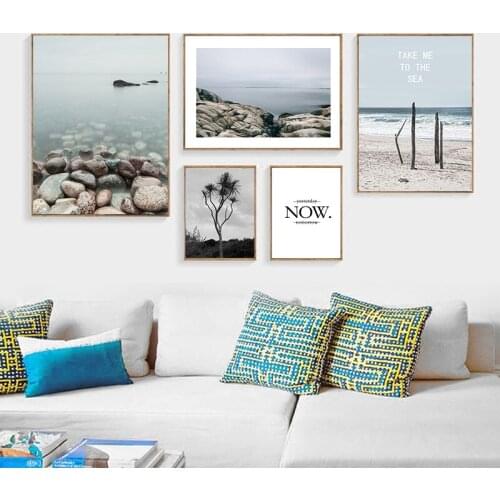Tropical Canvas Painting Blue Sea Stone Tree Landscape Poster Nordic Print Decorative Wall Art Picture Living Room Home Decor