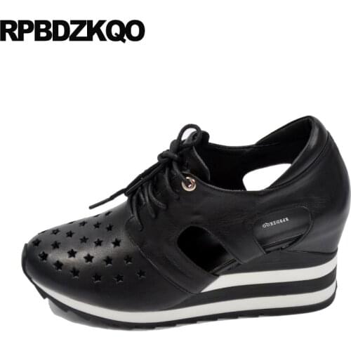 Pumps Hidden Black Oxford Harajuku Size 4 34 Wedge Ladies Genuine Leather Round Toe Platform Shoes High Heels Creepers Lace Up