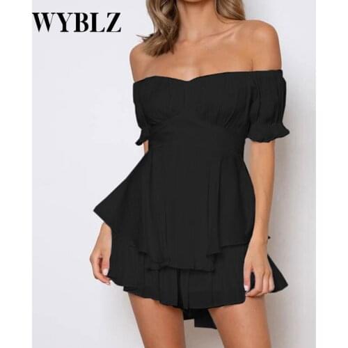 WYBLZ Women Rompers Solid Color Ruffle Sexy Off Shoulder Jumpsuit Female 2021 Summer Fashion Short Sleeve Women Rompers Bodysuit