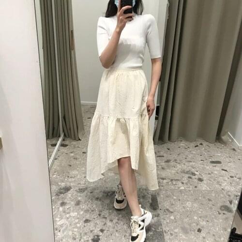 Spring/summer 2021 New Womens A-Line Mid-Calf Skirts Ladies Elastic High Waist Solid Color Short Front and Back Long Jupe