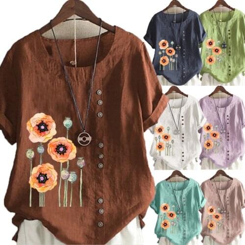 Plus Size S-5XL Women Casual Short Sleeve Shirts Flowers Printed Round Neck Ladies Fashion Loose T-shirt Blouse