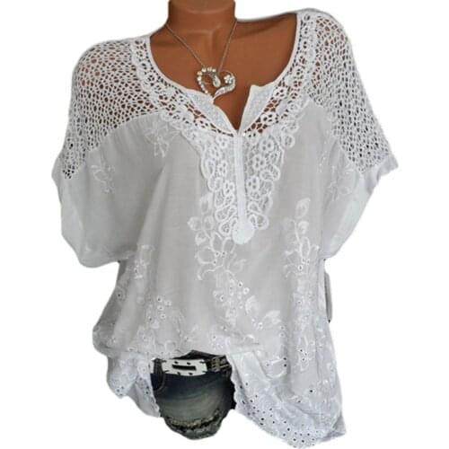 Fashion Loose V-Neck Hollow Out Embroidery Short Sleeve Blouse T-Shirt Women Top