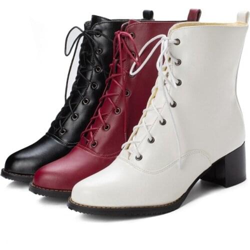 New Women Shoes Boots Winter Warm Women Boots 5cm High Heel Lace-up Ankle Boots Spring Autumn Boots Big Size 34-47