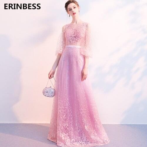 Vestido De Festa Pink Tulle Evening Dresses Long Scoop Neck Appliques Special Occasion Dresses 2020 Evening Dress Three Quarter