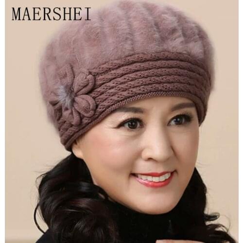 MAERSHEI winter warm earmuffs wool Beanies cap middle-aged winter ladys rabbit fur plus velvet thick beret mothers hat