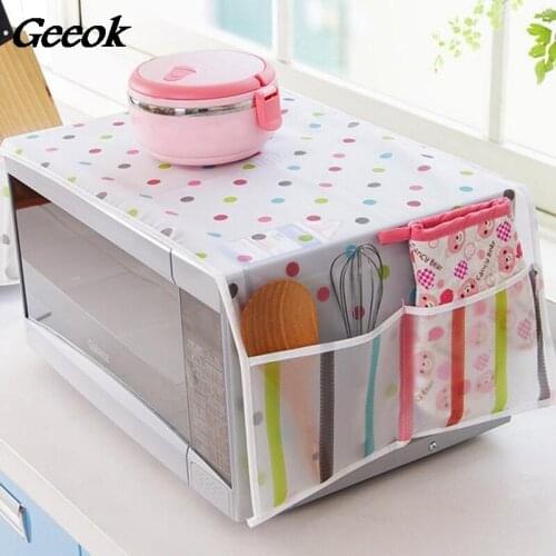 1 Pc Waterproof Microwave Dust Cover Colorful 2 Pockets Anti-Oil Hood Durable Fashion Dot Clear Cover With Storage Bags